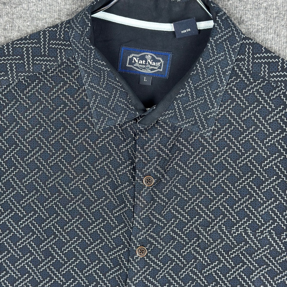 Nat Nast Shirt Mens Large Blue Silk Blend Geometric Short Sleeve Button